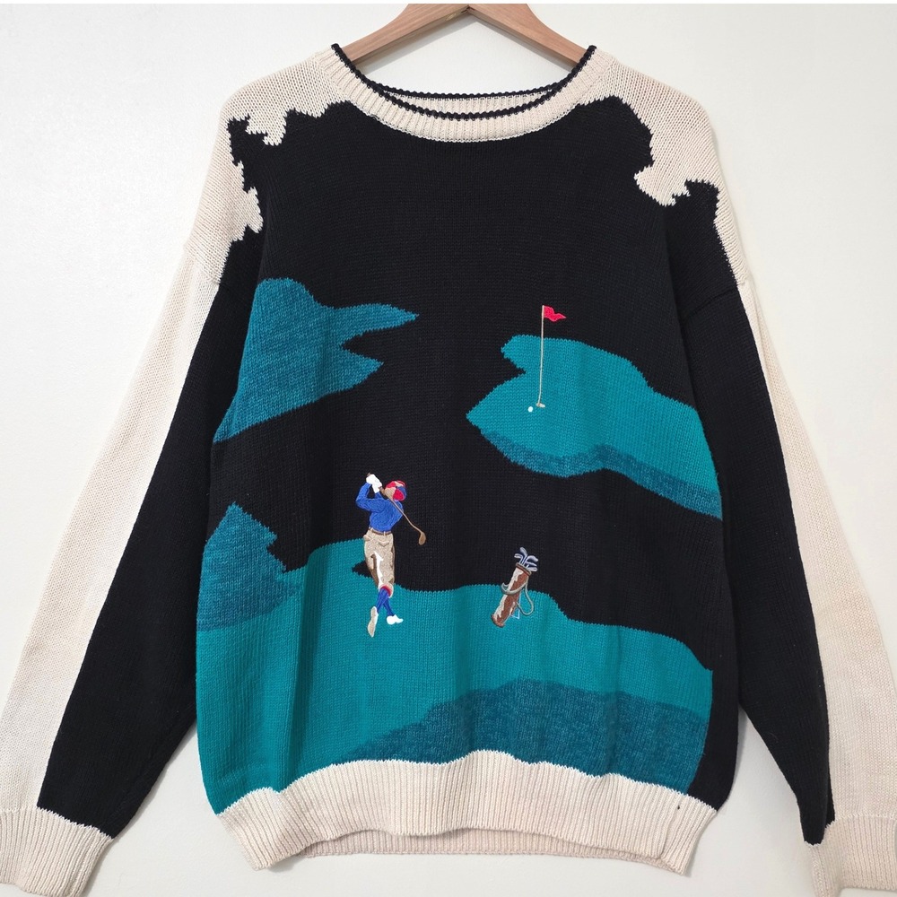 Vintage Par Four Golf Scene Knit Sweater Sz XL Embroidered Novelty Preppy